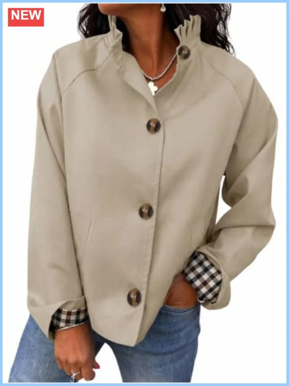 Women's Ruffle Short Trench Coat Lightweight Cropped Jacket with Plaid Cuffs